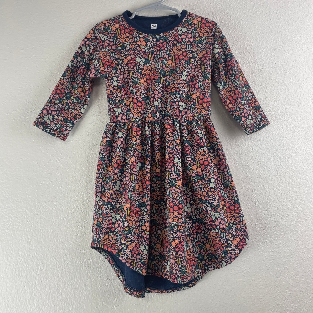 Tea Collection Floral Dress Kids 5 Navy Blue Long Sleeve High Low Hem Cotton